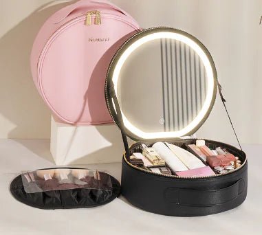 Round Makeup Bag with Mirror and LED Light (Large Capacity) - Skin Fizz