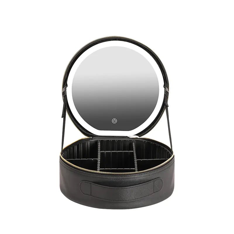 Round Makeup Bag with Mirror and LED Light (Large Capacity) - Skin Fizz