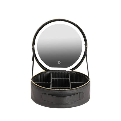 Round Makeup Bag with Mirror and LED Light (Large Capacity) - Skin Fizz