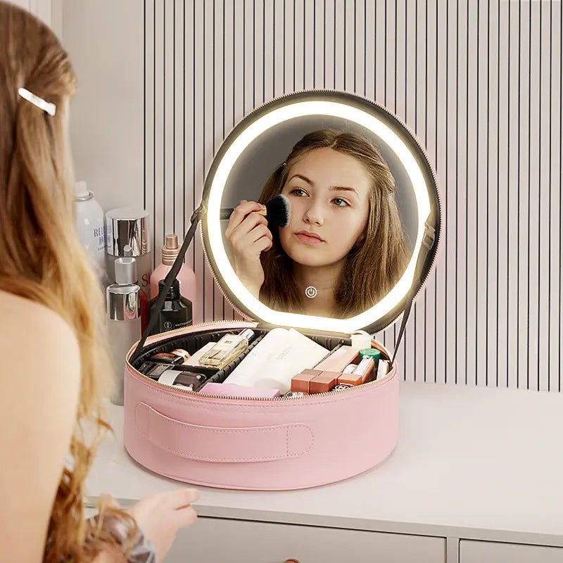 Round Makeup Bag with Mirror and LED Light (Large Capacity) - Skin Fizz
